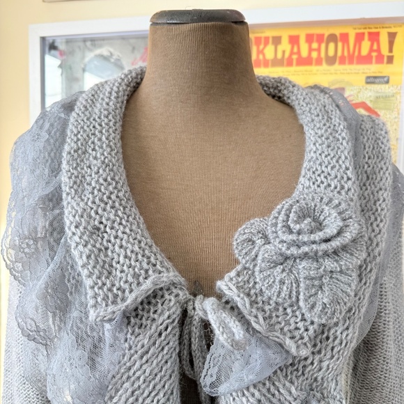 Y2K Coquette Grey Knit Lace Cardigan – Balletcore Fairy Grunge Tie Front - Picture 5 of 12